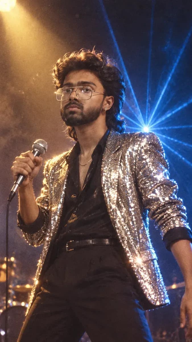 A performer in a silver sequinned blazer on a hazy 1987 stage with a laser starburst backdrop and a hot coloured rim light