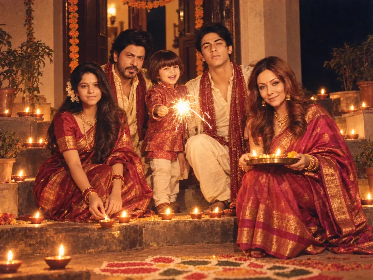 A family on the front steps of a house on Diwali night in 1986, lit from below by a row of clay oil lamps with one sparkler burning