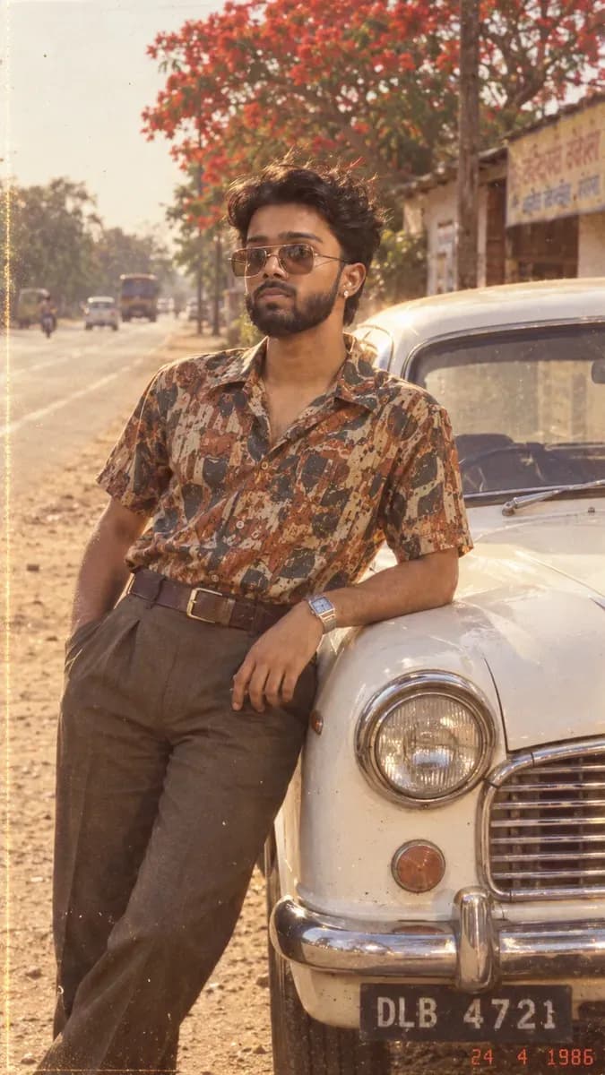 A man leaning against a white Hindustan Ambassador on an Indian roadside in late afternoon light, shot to look like a 1986 photograph
