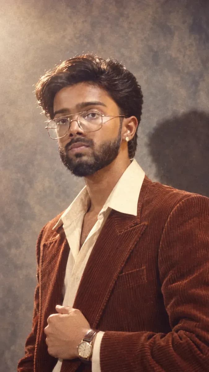 A man in a rust-brown corduroy blazer photographed as a 1986 Hindi film studio portrait against a mottled grey canvas backdrop