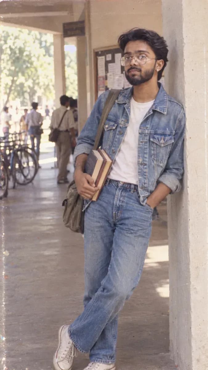 A student in a denim jacket leaning against a pillar in a shaded college corridor, shot to look like a flat, faded 1985 snapshot