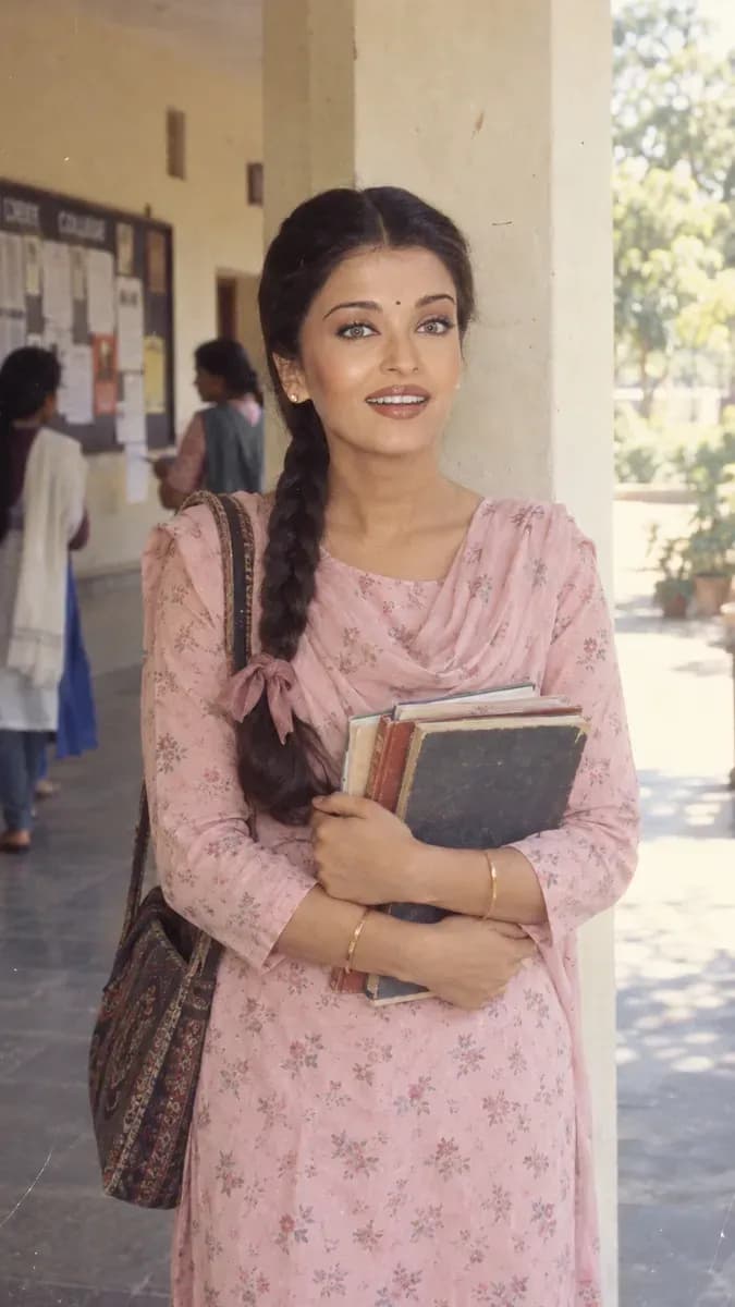 A student in a pink floral salwar kameez with a long plait holding books in a shaded 1985 Indian college corridor