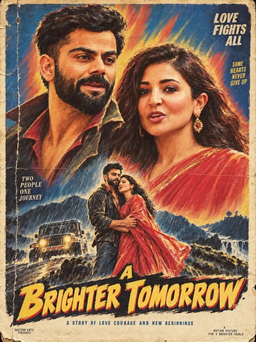 A hand-painted 1987 style Hindi film poster showing a couple as two large painted faces above a smaller action vignette