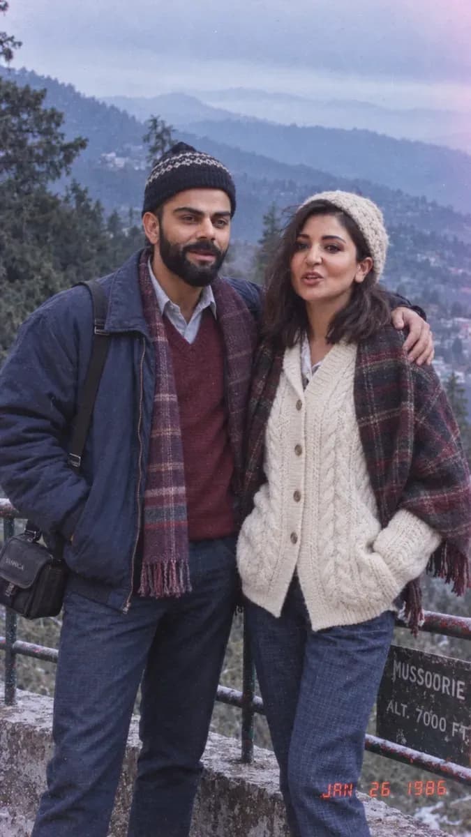 A couple in woollen sweaters at a misty hill-station viewpoint railing, shot in cold flat light to look like a 1986 holiday photo