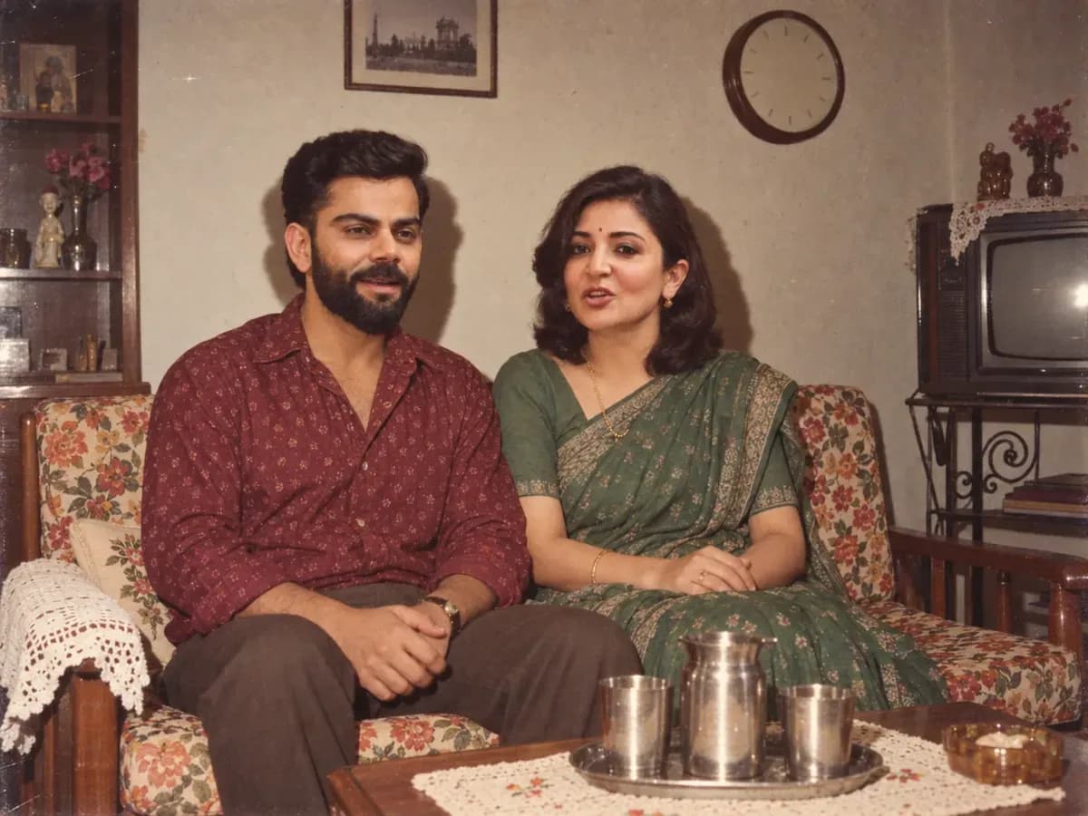 A couple seated on a floral-print sofa in a 1986 Indian drawing room, flash-lit with two hard shadows on the wall behind them