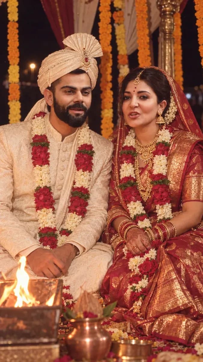 A newlywed couple in cream sherwani and red Banarasi silk seated under a mandap in 1986, lit by hard flash with warm firelight under their chins