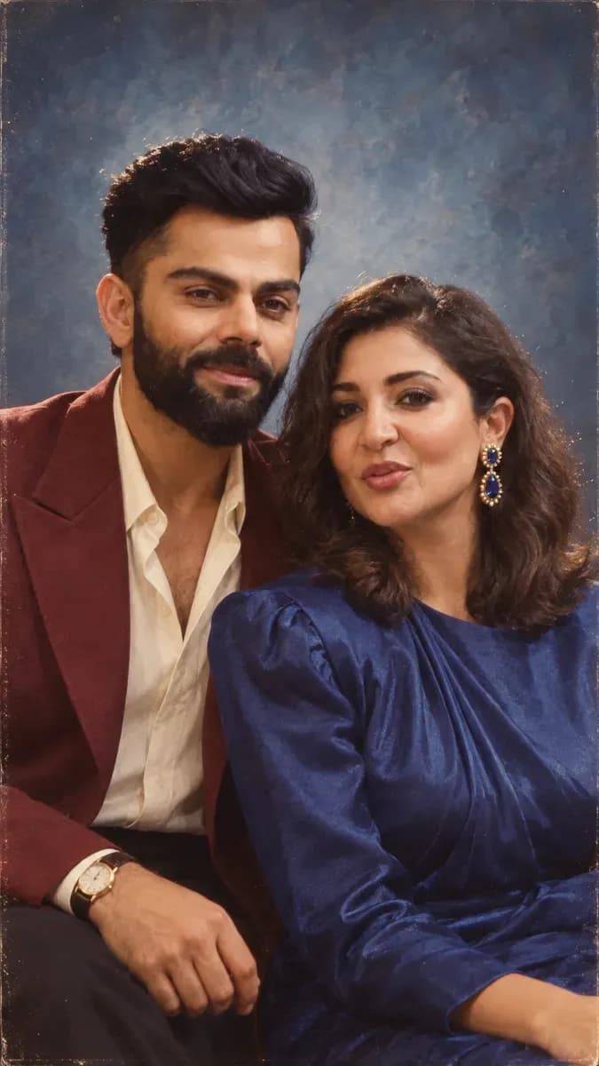 A couple in coordinated jewel-tone 1986 formalwear photographed as a studio portrait against a mottled blue canvas backdrop