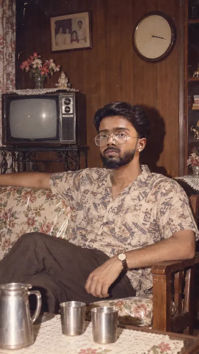 A person seated on a floral sofa in a wood-panelled 1986 Indian drawing room beside a boxy television, lit by a direct camera flash