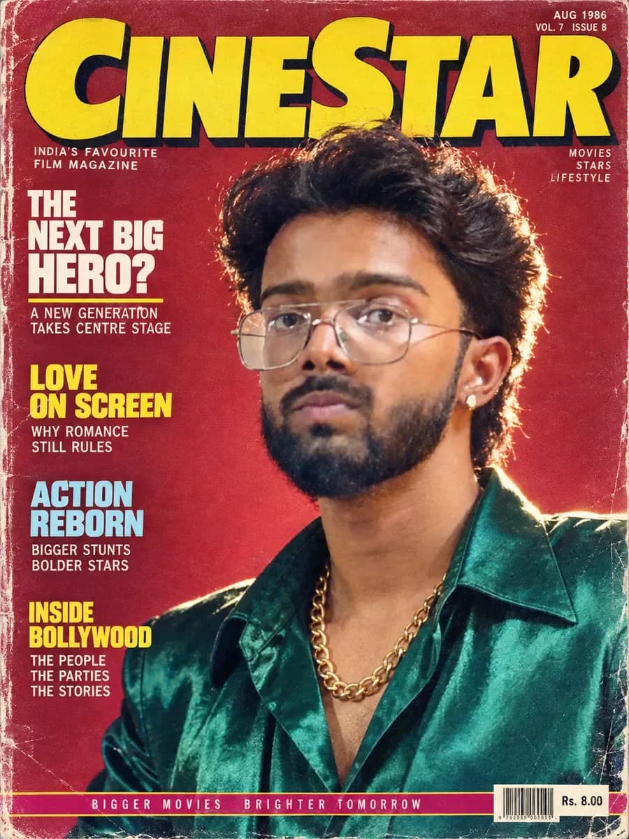A man styled as a 1986 Indian film magazine cover star, with a bold masthead overlapping his hair and cover lines down the left edge