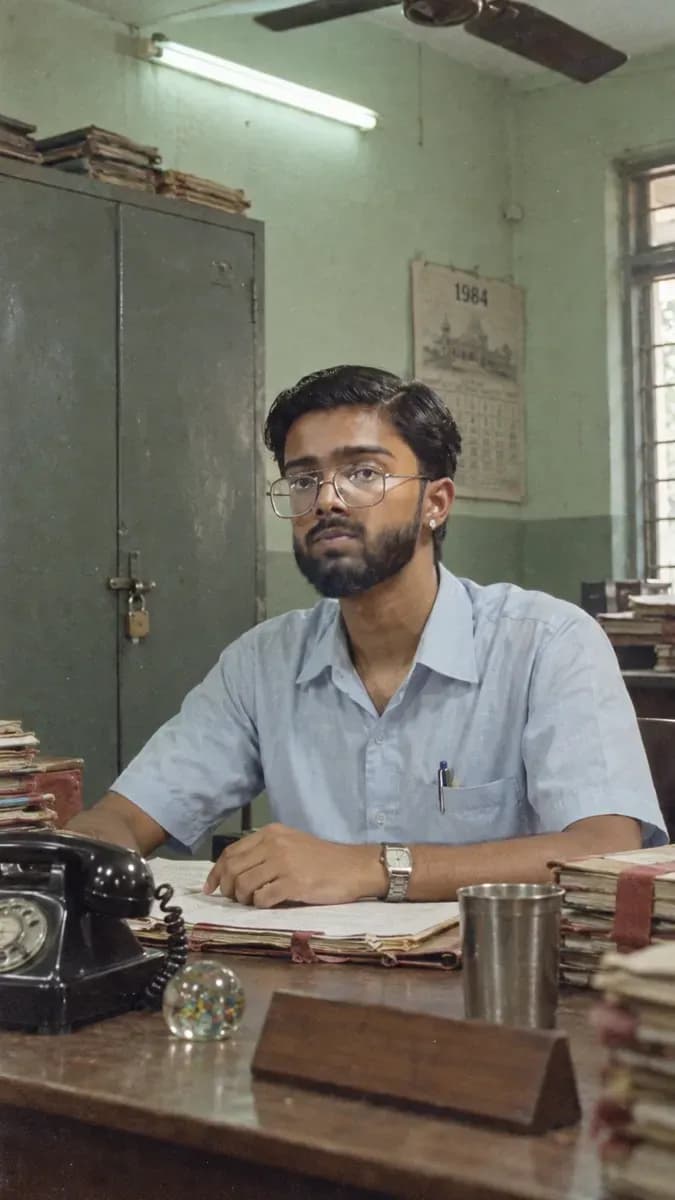 A person seated behind a wooden desk in a 1984 Indian government office with a steel almirah and red-tape files, under green fluorescent light