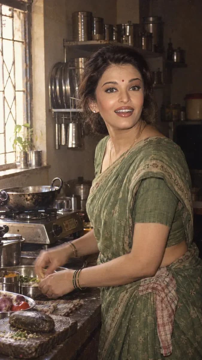 A woman in a faded green cotton saree in a 1985 Indian kitchen lit by a single small window, with steel dabbas on open shelves