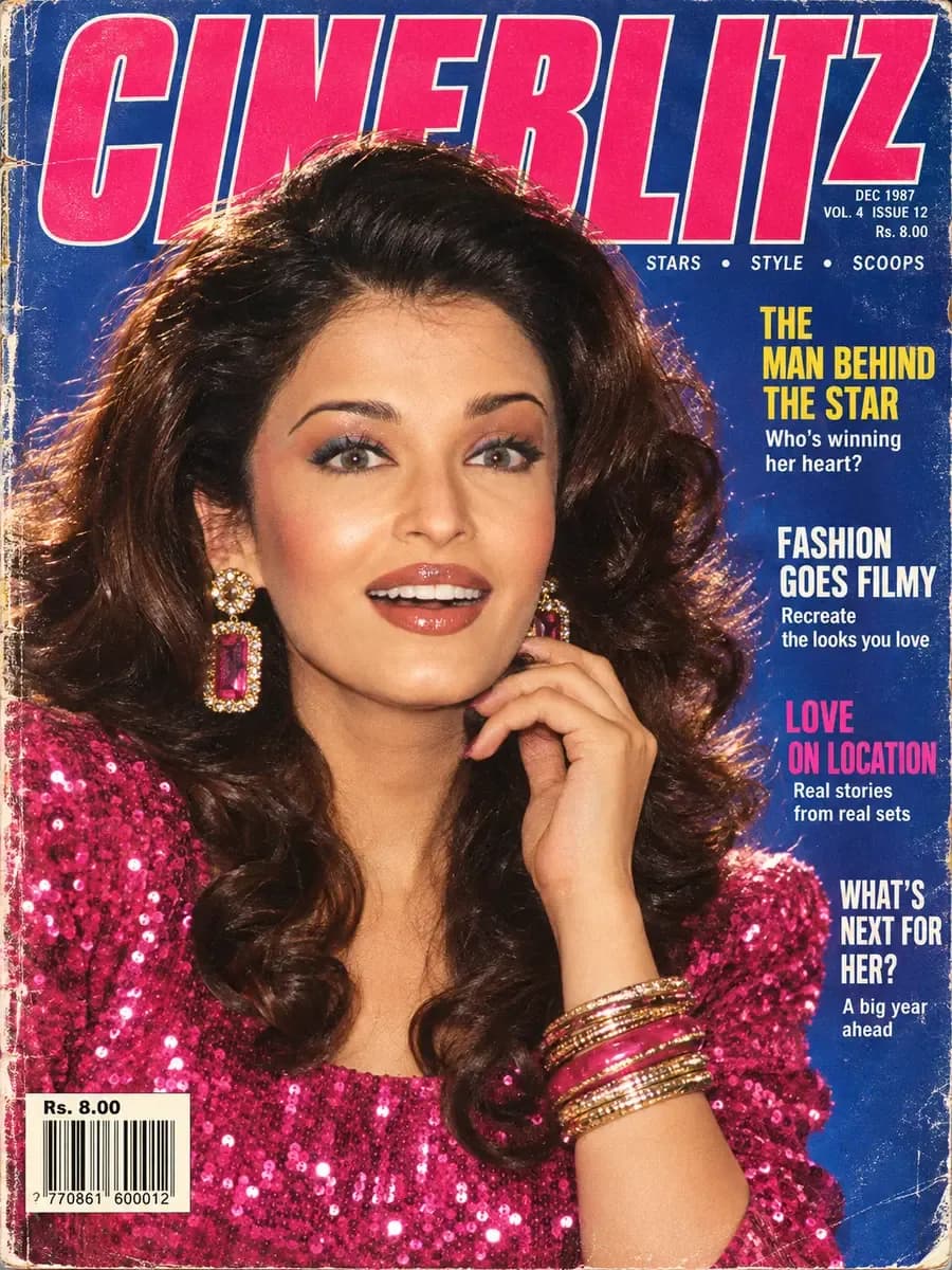 A woman styled as a 1987 Indian film magazine cover star in a fuchsia sequinned top with heavy period makeup against a clashing saturated backdrop