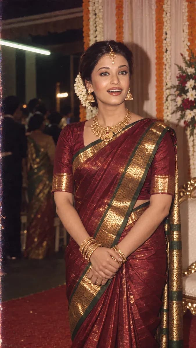A woman in a deep maroon Kanjeevaram silk saree and temple jewellery on a wedding reception stage in 1986, lit by hard direct flash