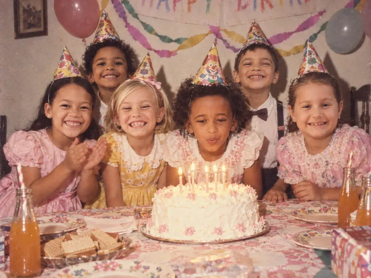 A family crowded around a candlelit cream cake at a 1986 Indian home birthday party with paper hats and crepe streamers, lit by hard flash