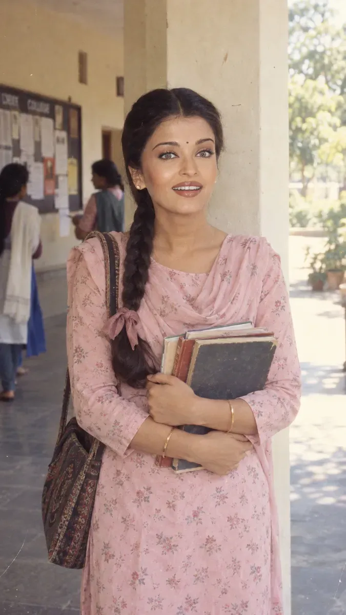 A student in a pink floral salwar kameez with a long plait holding books in a shaded 1985 Indian college corridor