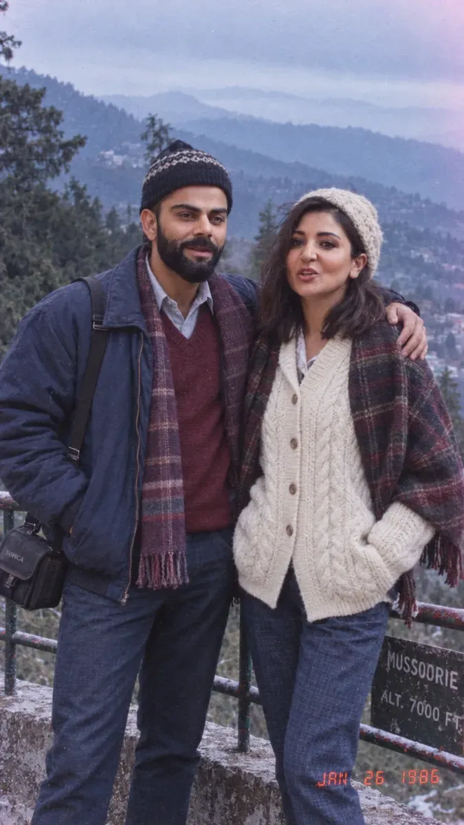 A couple in woollen sweaters at a misty hill-station viewpoint railing, shot in cold flat light to look like a 1986 holiday photo