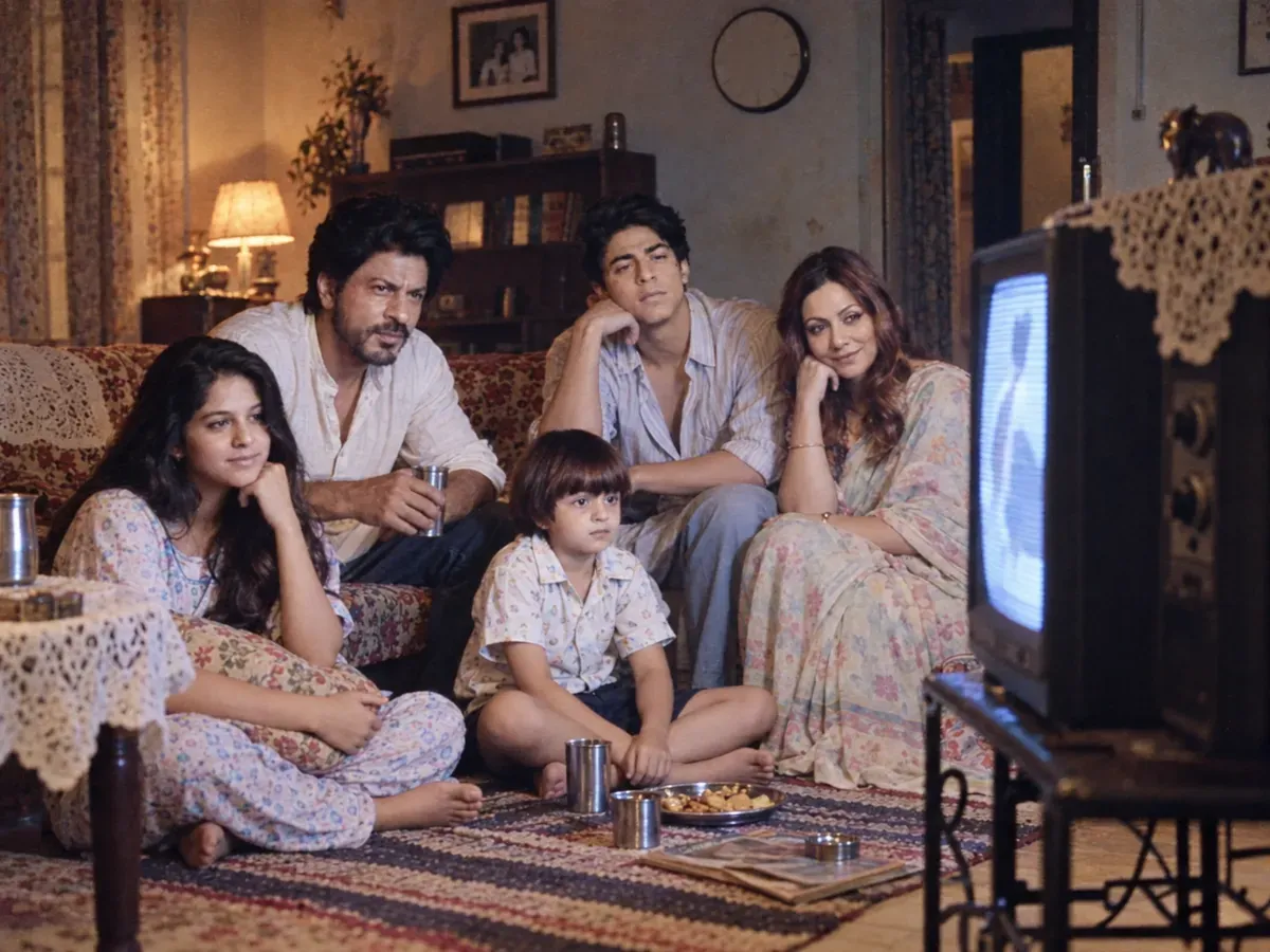 A family gathered around a boxy television in a 1987 Indian drawing room, their faces lit by the cool glow of the screen