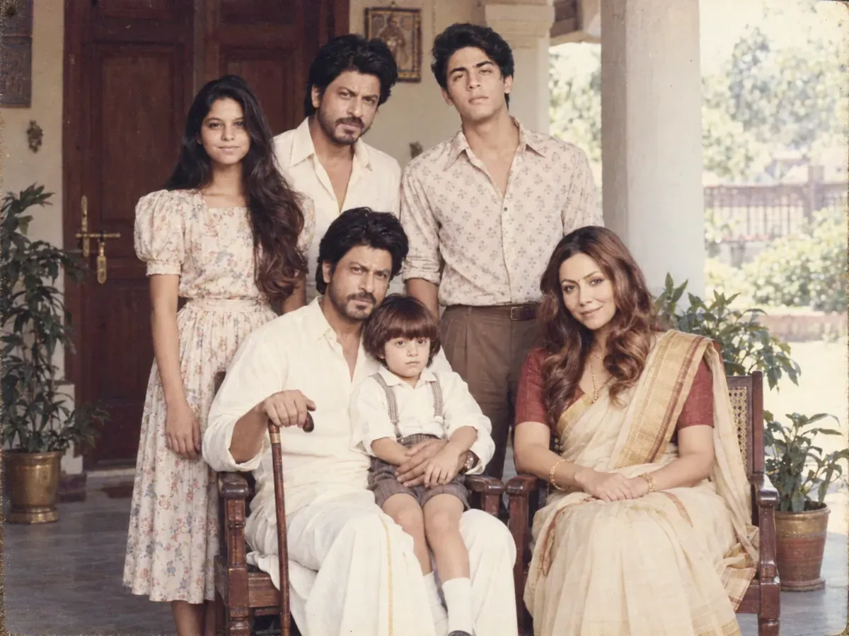 Three generations of an Indian family posed on a house verandah in 1985, grandparents seated with the family standing behind
