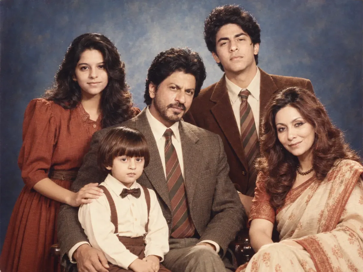 A family arranged in tiers for a 1986 Indian studio group portrait against a mottled blue canvas backdrop