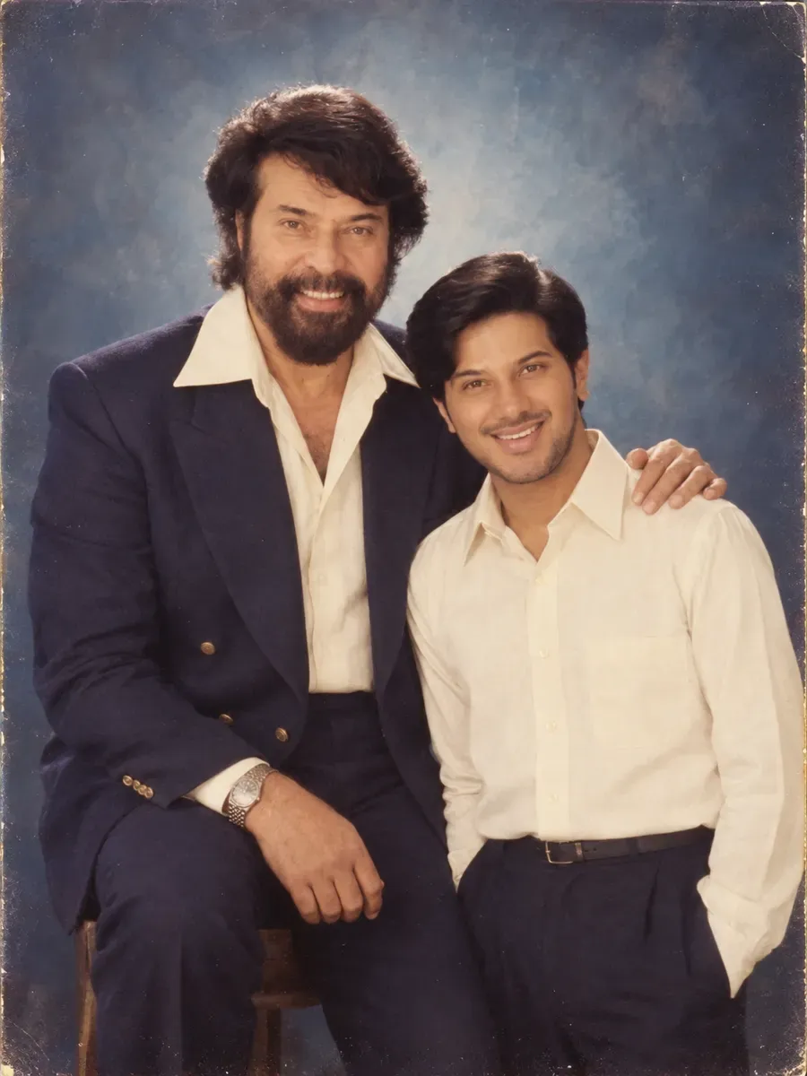 A parent seated on a stool with a child leaning against their knee in a 1986 Indian studio portrait against mottled blue canvas