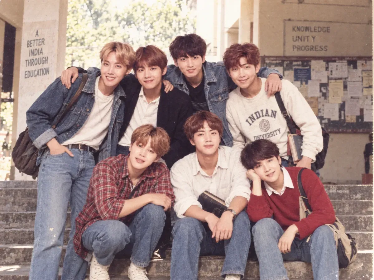 A group of college friends with arms over each other on stone steps in 1985, one crouched at the front, in flat open shade