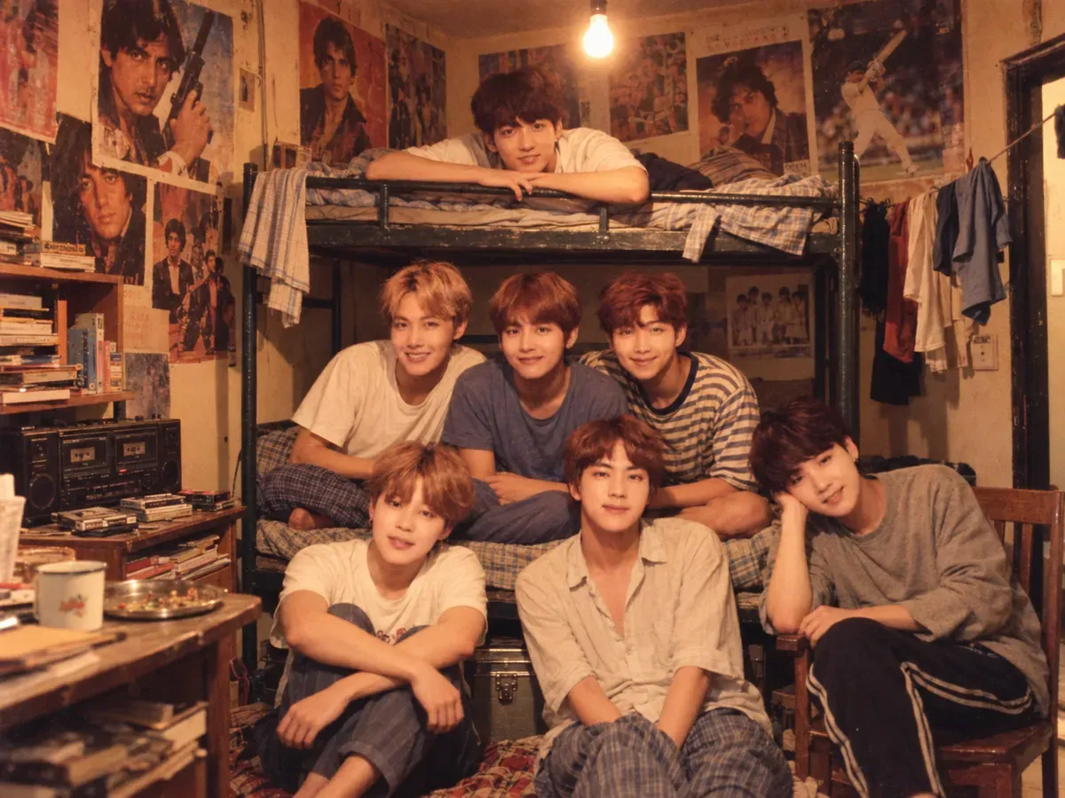 Friends packed onto a bunk bed in a cluttered 1986 hostel room with a poster wall, lit by a single bare hanging bulb