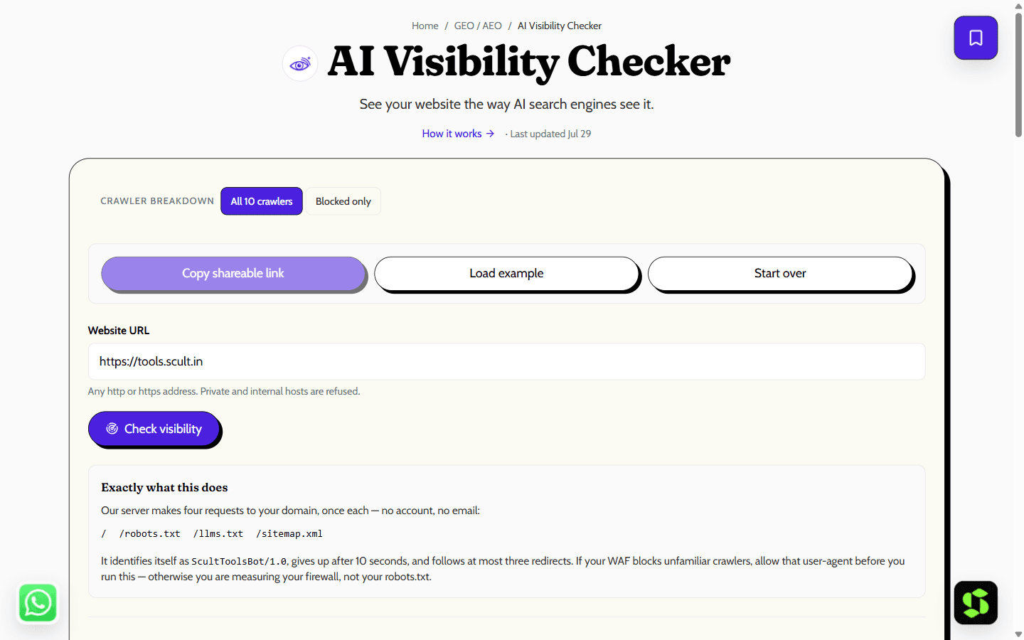 AI Visibility Checker shown in the browser