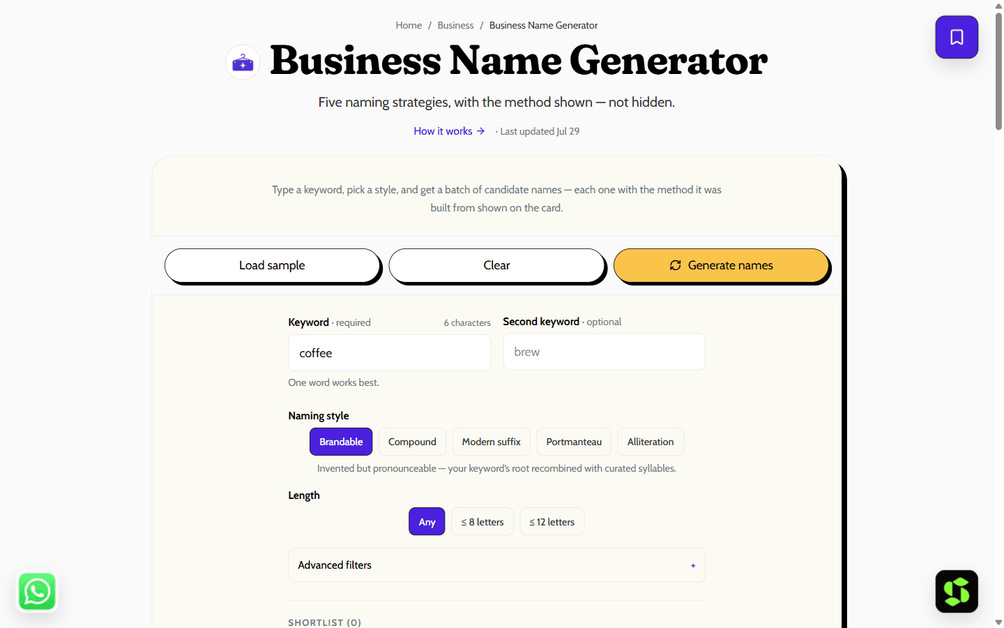 Business Name Generator shown in the browser