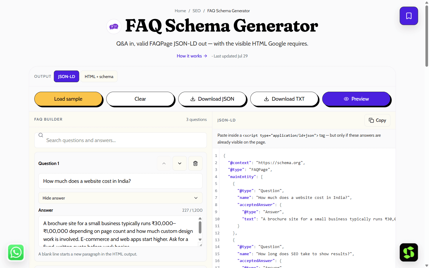 FAQ Schema Generator shown in the browser