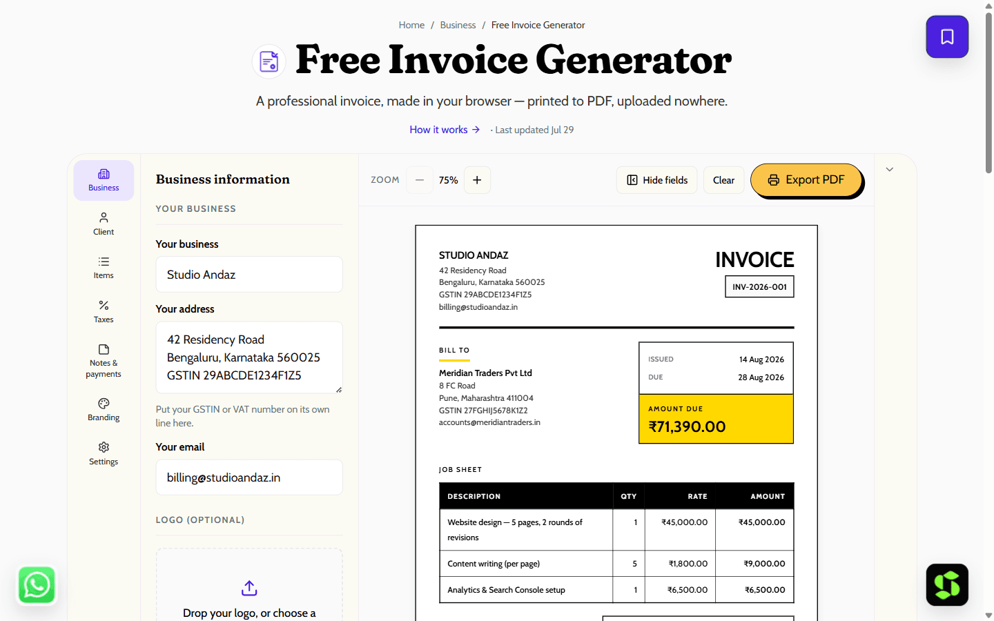 Free Invoice Generator shown in the browser