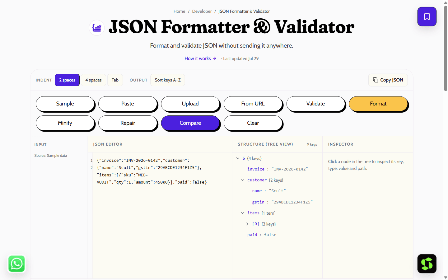 JSON Formatter & Validator shown in the browser