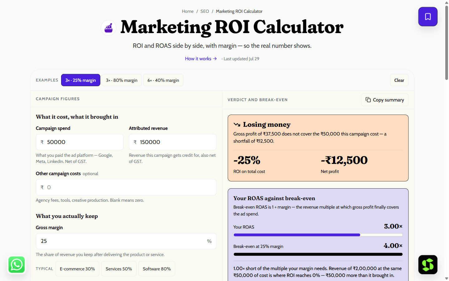 Marketing ROI Calculator shown in the browser