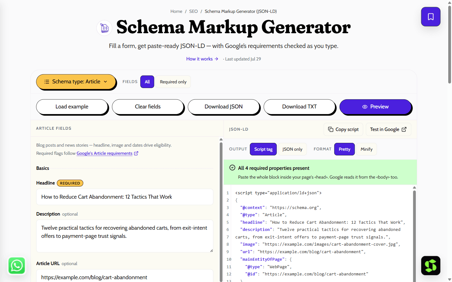 Schema Markup Generator (JSON-LD) shown in the browser