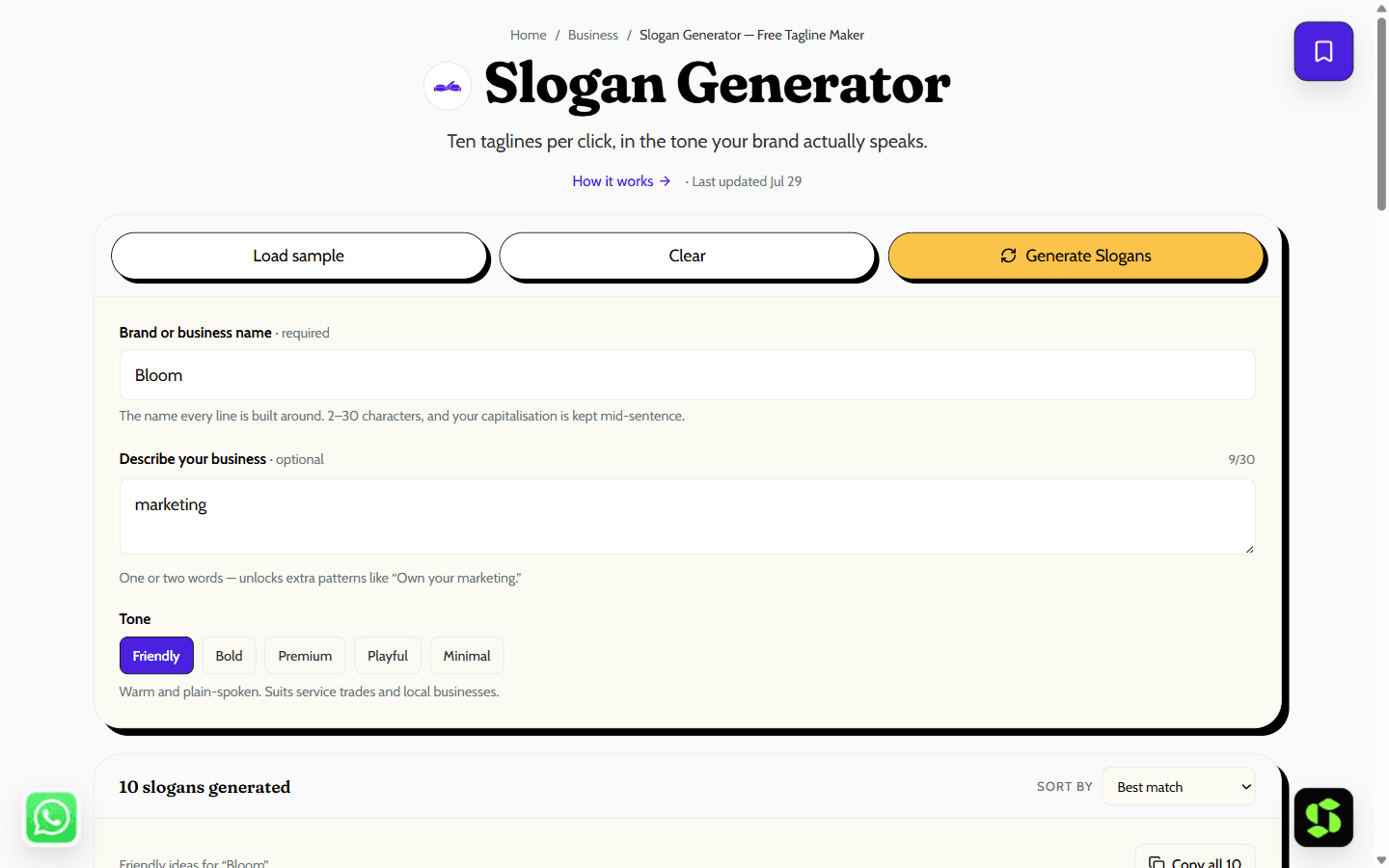 Slogan Generator — Free Tagline Maker shown in the browser
