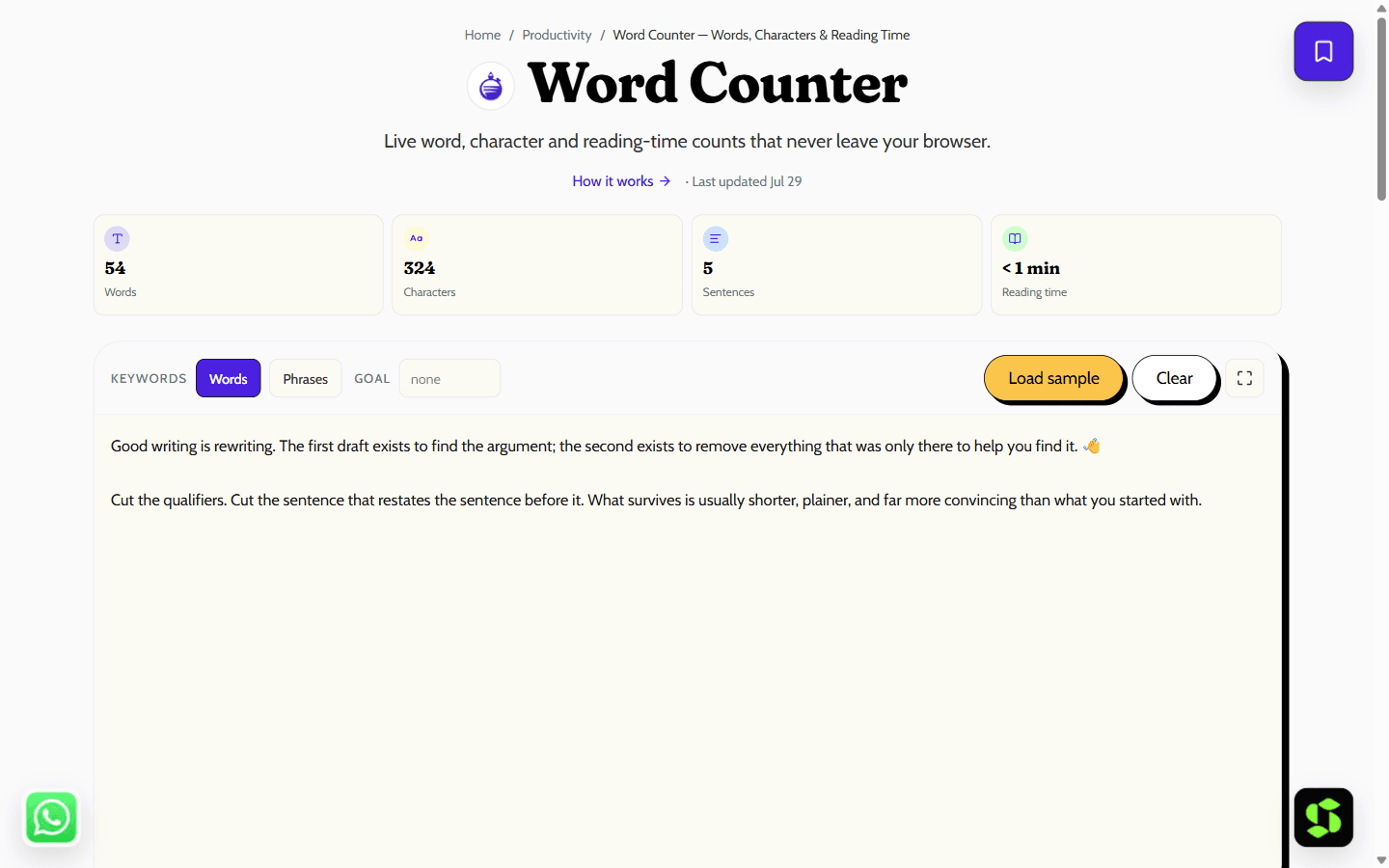 Word Counter — Words, Characters & Reading Time shown in the browser